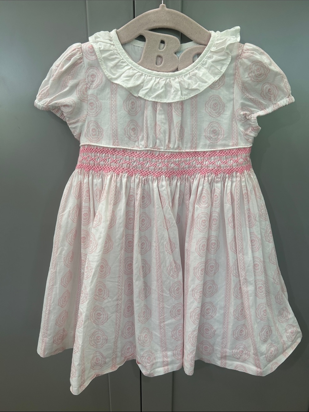 Edgehill Collection 18M Smocked Pink Floral Stripe Dress Peter Pan Collar Ruffle